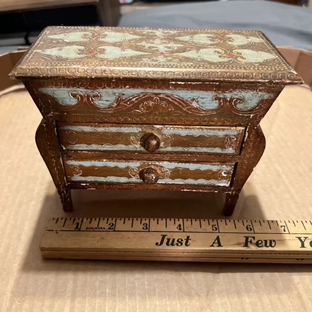 VTG FLORENTINE 2 Drawer JEWELRY CHEST Box TOLEWARE Dresser Miniature Gilt Gold