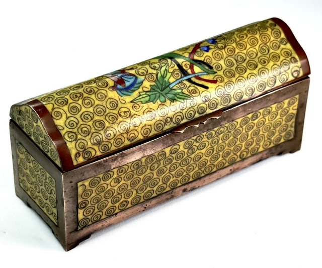 Antique Chinese Cloisonne Yellow Enamel  + Brass Stamp Box