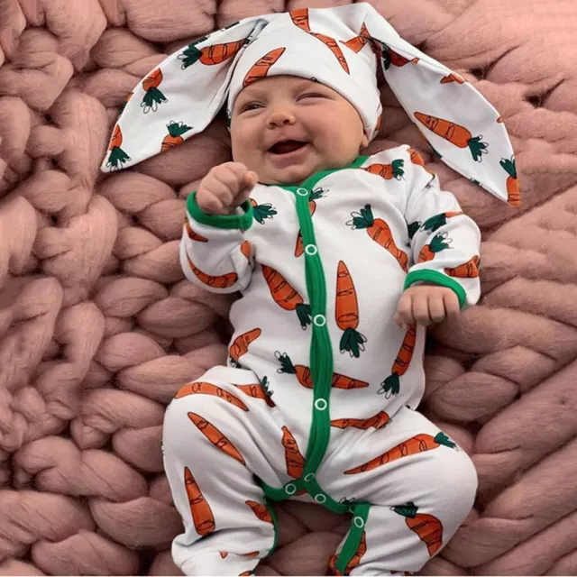 Infant Baby Boys&Girls Cartoon Carrot Print Romper Jumpsuit+Rrabbit Ears Hat Set