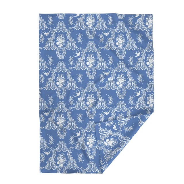Throw Blanket Toile Flowers Floral Blue White Delft Birds French 48 x 70in