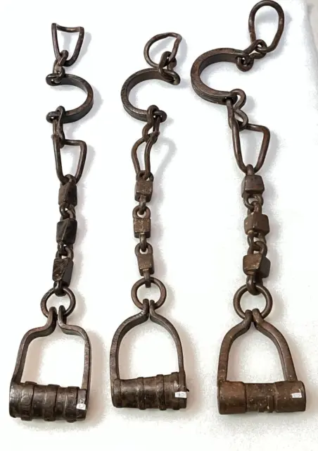 Old Vintage Hand Forged Shackles Horse Leg Iron Chain Animals Shackles Set Of 3