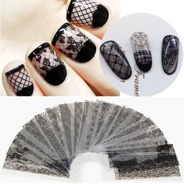 20Pcs/Set Black Lace Flower Nails Transfer Foil Beauty Nail Art Stickers Decals