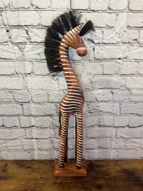60cm Brown & White Wood Zebra Tall Statue Wood Modern Hand Carved Painted