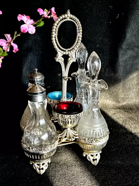 Redfield & Rice Caster Set CUT Glass Cruet Bottle Salt Cellar - Antique