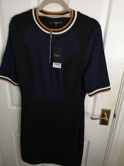Next Blue & Black Short Sleeved Knee Length Dress, Size 14, New With Tags