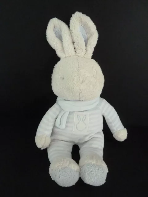 C7. DOUDOU PELUCHE LAPIN KLORANE BLANC RAYE BLEU ECAHRPE fibre longue 30cm TBE