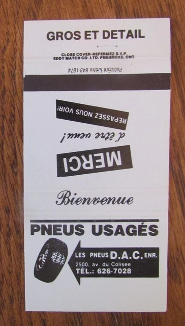 Tires Matchbook Cover: Pneus Dac Quebec City Empty Matchcover -D2