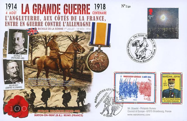 Maxi FDC ROYAUME-UNI - FRANCE "100 ans Grande Guerre, Bataille de la Somme" 2014