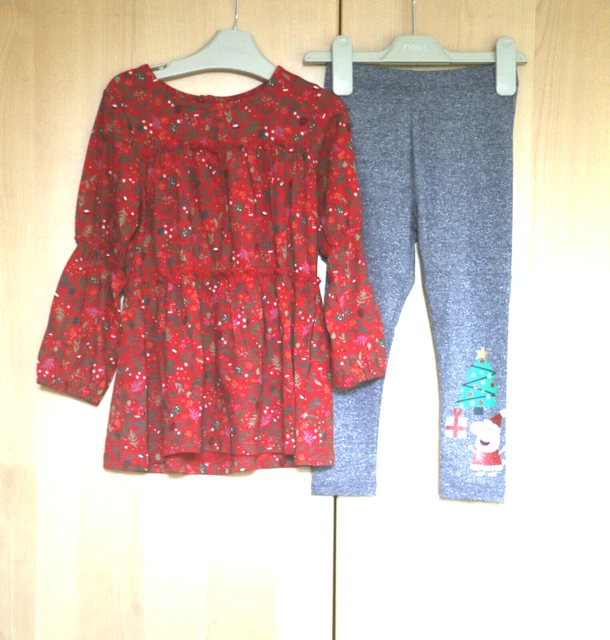 Next Girls Red Tiered Christmas Dress & Peppa Pig Leggings Age 3-4 Years BNWT