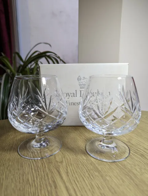 Vintage Royal Doulton crystal Monique boxed pairs large brandy glasses 4 3/4"