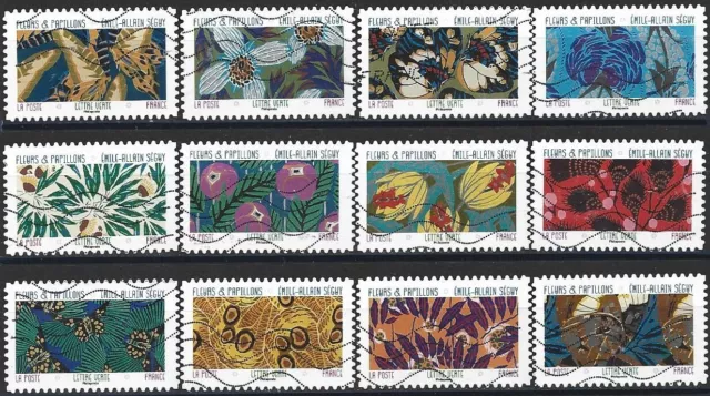 FRANCE - Série de 12 timbres autoadhésifs et oblitérés 2023 "fleurs & papillons"