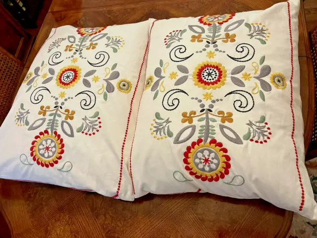 Set Pair 2 Ikea  Swedish Embroidered Feather Filled Throw Pillows 20" X 24"