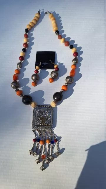 Vintage Old Fine Moroccan Tribal Berber Amber Necklace Amulet Talisman