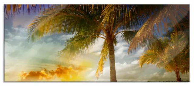 Deck Chairs Beach Palms Panorama Glass Art, Incl. Wall Holder