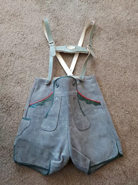 German Lederhosen Oktoberfest Suede Leather Suspenders Boy Gray Edelweiss flower