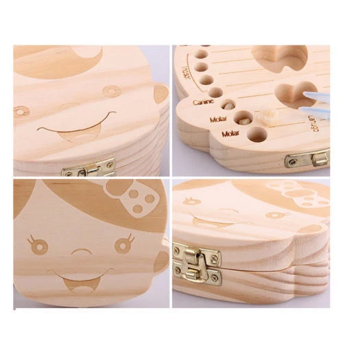Kids Boy & Girl Tooth Box Wood Storage Organizer Baby Save Milk Teeth Collecting