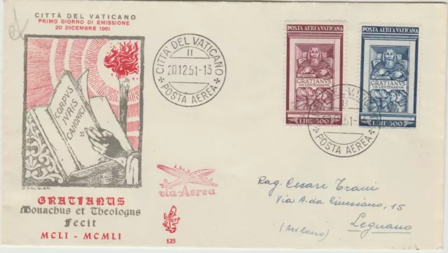 1951 Fdc Venetia Vaticano N. 12 Posta Aerea Graziano Non Viaggiata Mf52134