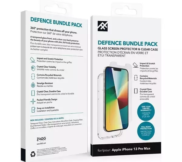 defence bundle pack glass screen protector& clear case for iphone 13 pro max