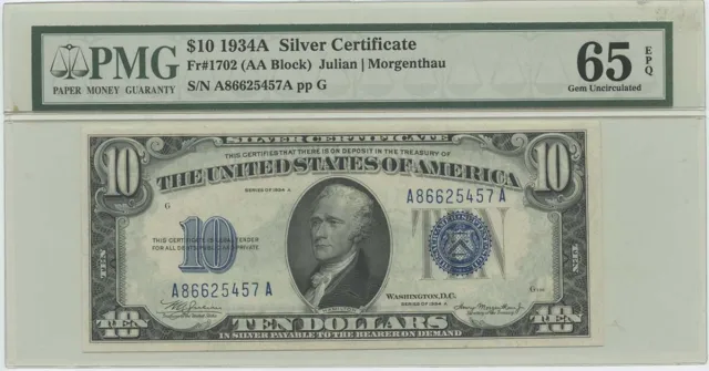 1934A $10 Silver Cert FR#1702 (AABlock) PMG 65 Gem UNC EPQ