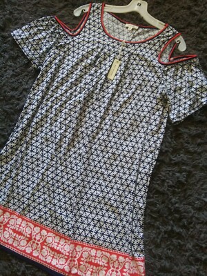 NWT MAX STUDIO XL Dress Cold Shoulder Navy Princess Jack's Short Sleeve Knee $98