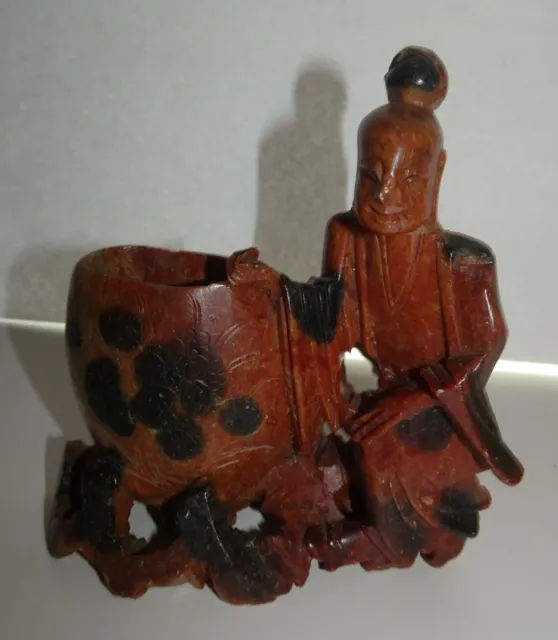 Antique Hand Carved Chinese Soapstone Brush Pot Vase 3.5"