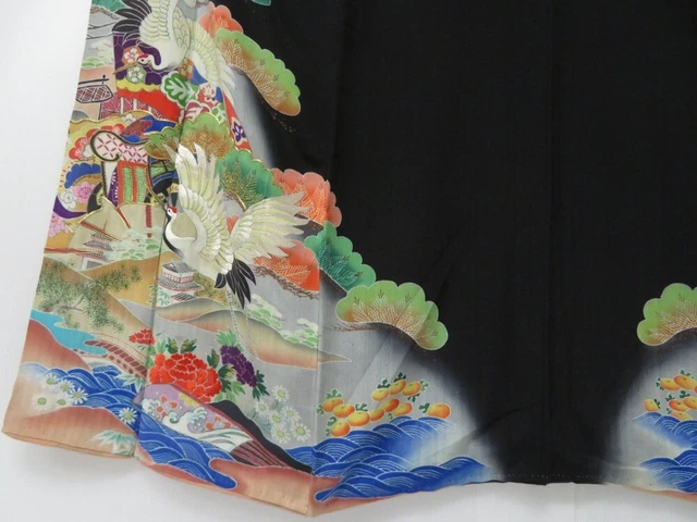 2213T03z720 Antique Japanese Kimono Silk TOMESODE Crane Black 5
