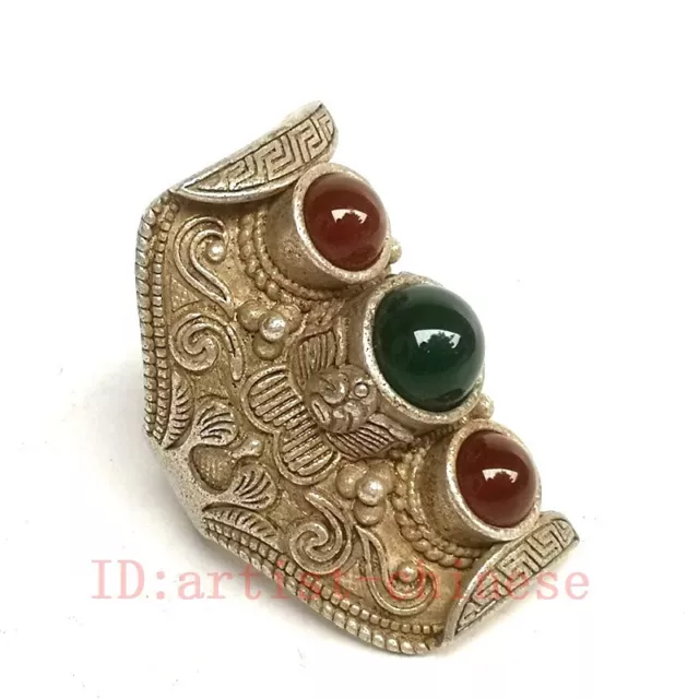 Collection Old China Tibet Silver Handmade Inlay Agate Jade Ring Ornament Gift
