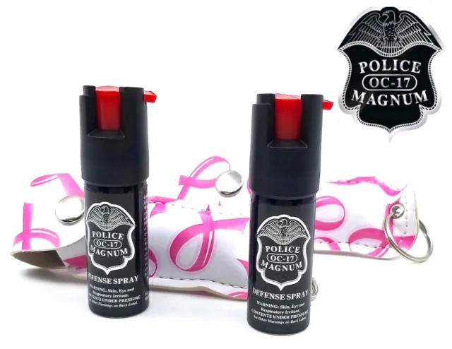 2 PACK Police Magnum pepper spray 1/2oz Pink Ribbon Keychain Holster Security