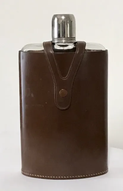 Vintage Made in W. Germany Hip Flask Brown Leather, Glass Bottle, Shot Glass VGC