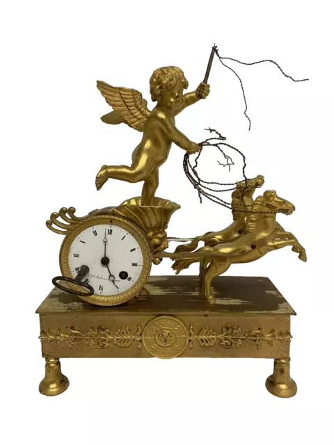 Antique 19th C French Empire Ormolu Gilt Bronze Signed Figural Mantel Clock RARE