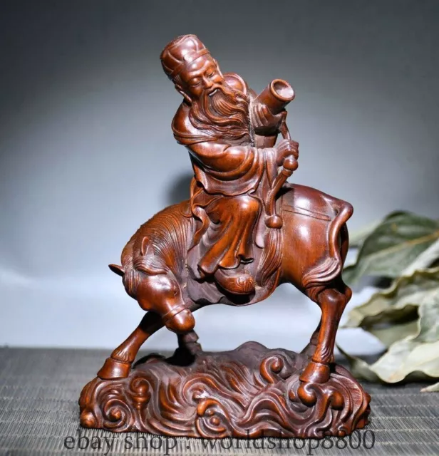 6" Rare Old Chinese Boxwood Wood Hand Carved horse Zhang Guo Statue Sculpture