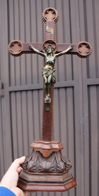 Antique wood carved crucifix french religious neo gothic