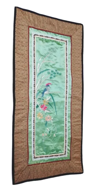 Vintage Oriental Chinese Silk Embroidered Table Scarf  Runner Tapestry Farmhouse