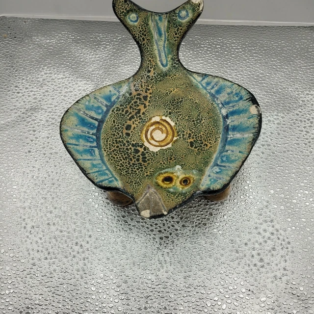 VTG Cast Iron Ceramic Hand Painted Colorful Fish 3 Legged Spoon Rest W/ SAX Engr