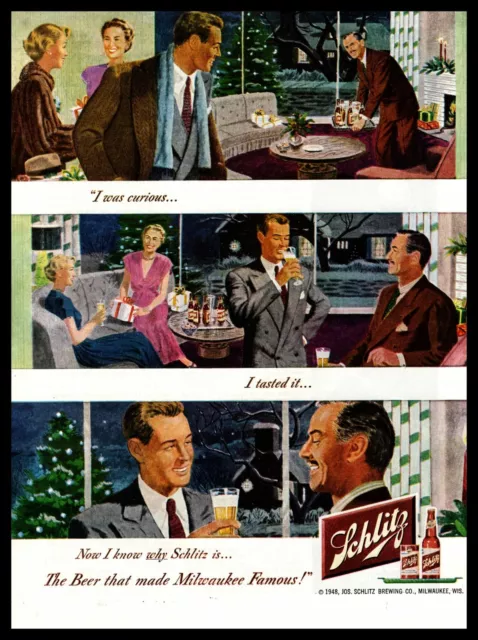 1949 Schlitz Beer Couples Drinking Living Room Christmas Tree Vintage Print Ad