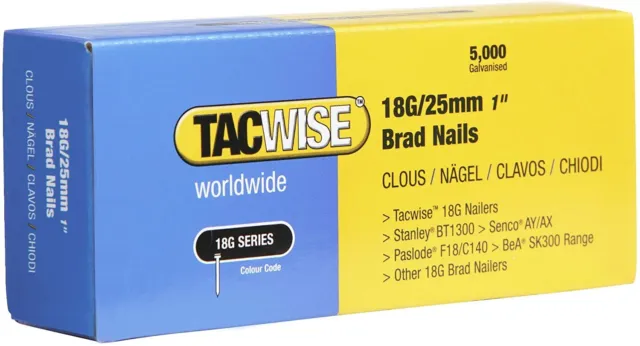 Tacwise 0396 Type 18G / 25 mm Galvanised Brad Nails, Pack of 5,000