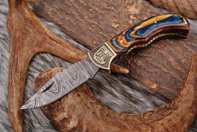 Handmade Damascus Steel Folding Knife Beautiful Wood Handle W / Scabbard