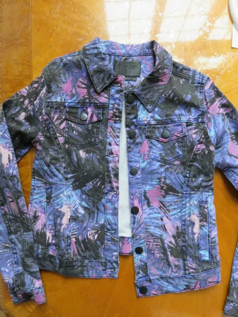 Nasty Gal Purple Blue Palm Print Tropical Denim Jacket, XS, New Without Tags