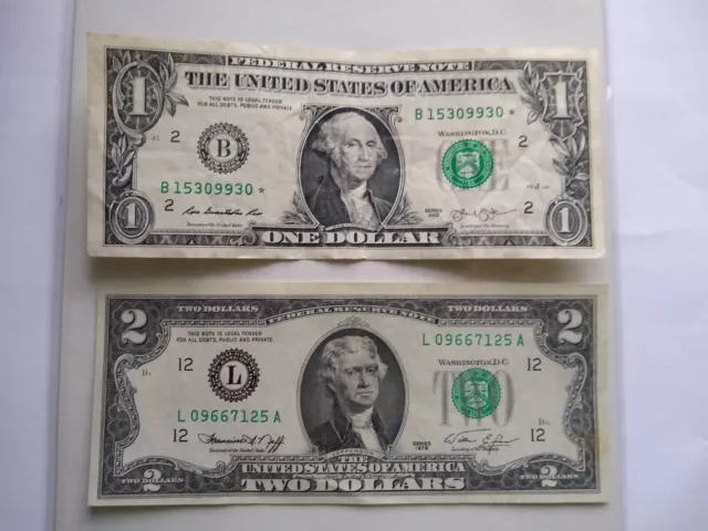 One & Two Dollar Bill LOT $1 Star Note 2013 B Series B15309930* $2 1976 San Fran
