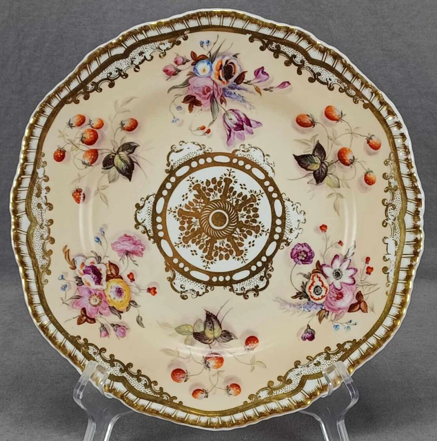 Spode Blades London Hand Painted Flowers Strawberries Cream & Gold Plate C.1820s