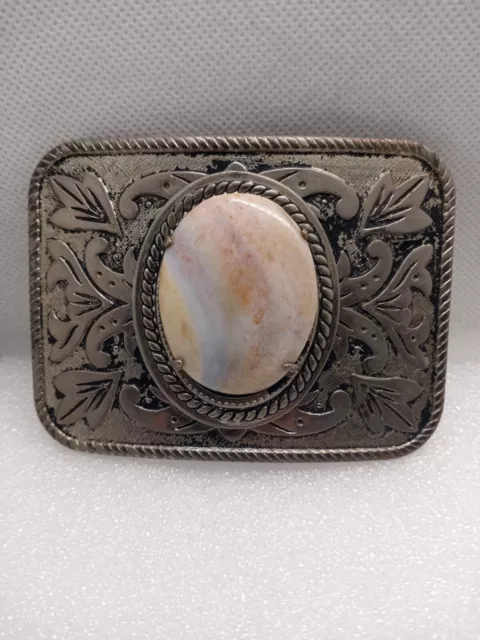 Vintage Silvertone Belt Buckle Stone Inlay Scrollwork Detail Western Unisex