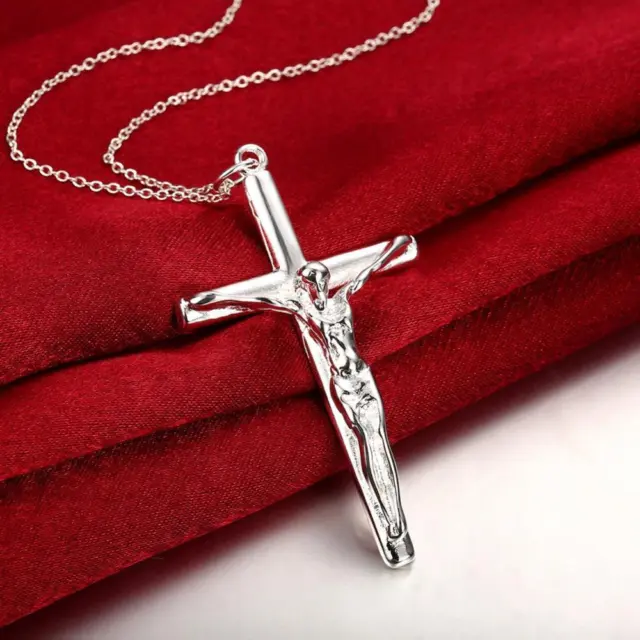 Real Solid 925 Sterling Silver Mens Cross Jesus Piece Crucifix Pendant Necklace