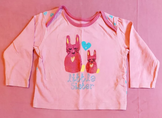 M&S Girls Pink Bunnies Long Sleeve Envelope Neck T-shirt ~ 9-12 Months