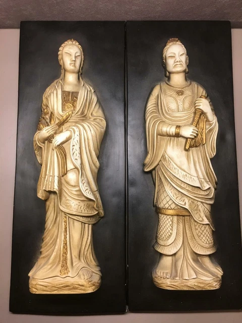 Vintage Paire Moulé Chinois Céramique Figurine Mural Tentures Homme Et Femme