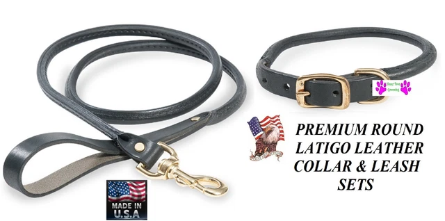 Set Latigo Leder Gerollt Rund Hund Collar&leash USA Aus Schwarz Messing Hardware