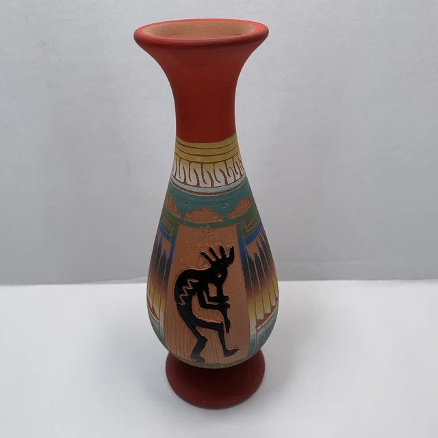 NATIVE AMERICAN NAVAJO Red Clay With Kokopelli Pedestal Bud Vase Signed