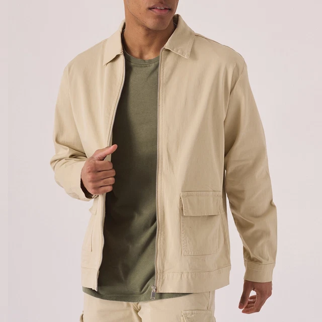 Mens Casual Zipper Bomber Military Cargo Jacket Long Sleeve Beige Regular Fit UK