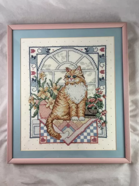 Window Seat Orange Tabby Cat Cross Stitch Picture Framed Matted Finished 1980s