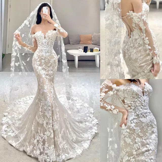 Sexy Vestidos de Boda Sirena Mangas Largas Aplique Encaje Barrido Tren