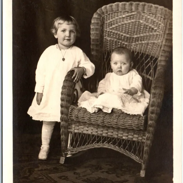 c1910s Adorable Siblings RPPC Baby Boy Little Girl Cute Real Photo PC Chair A185